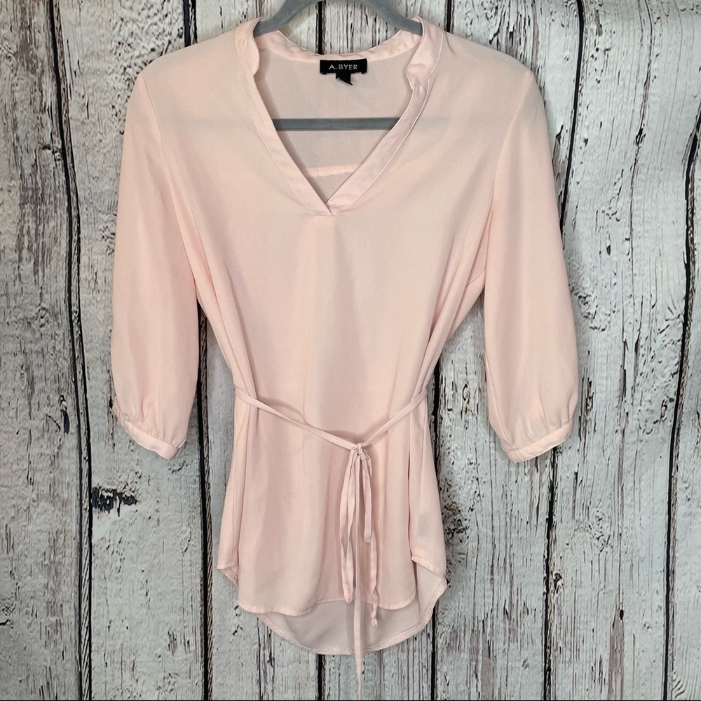 A. Byer Light Pink Semi-Sheer Tie Waist Blouse Sz Small Pullover Cut Out Sleeves